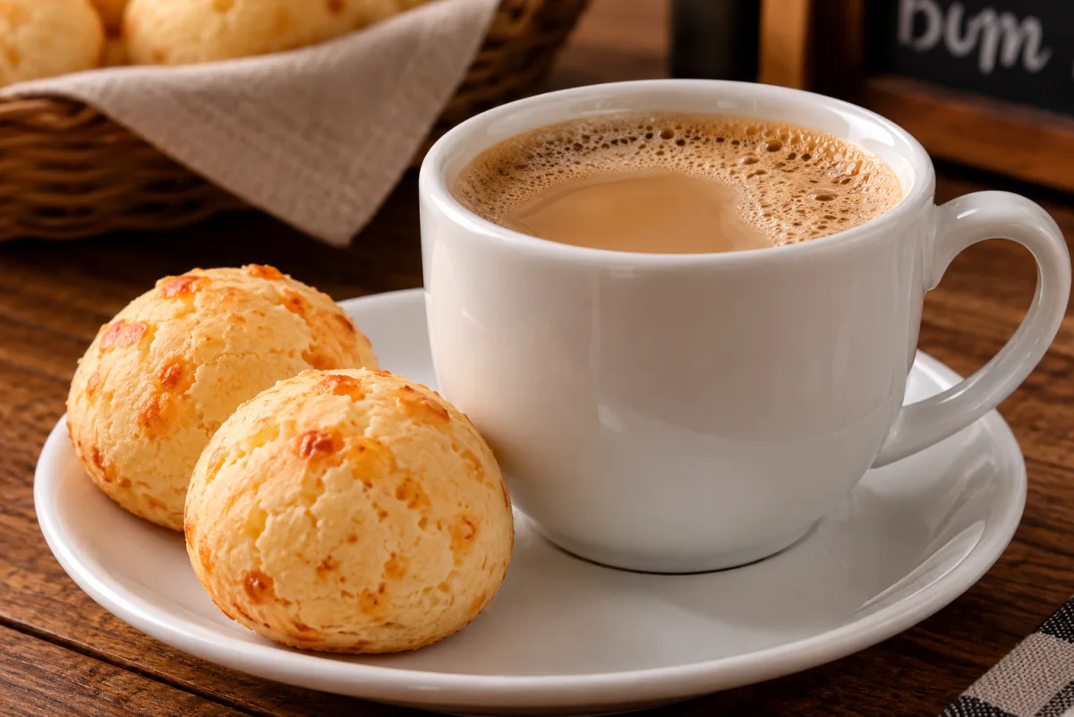 café com leite + 2 pão de queijo pequeno