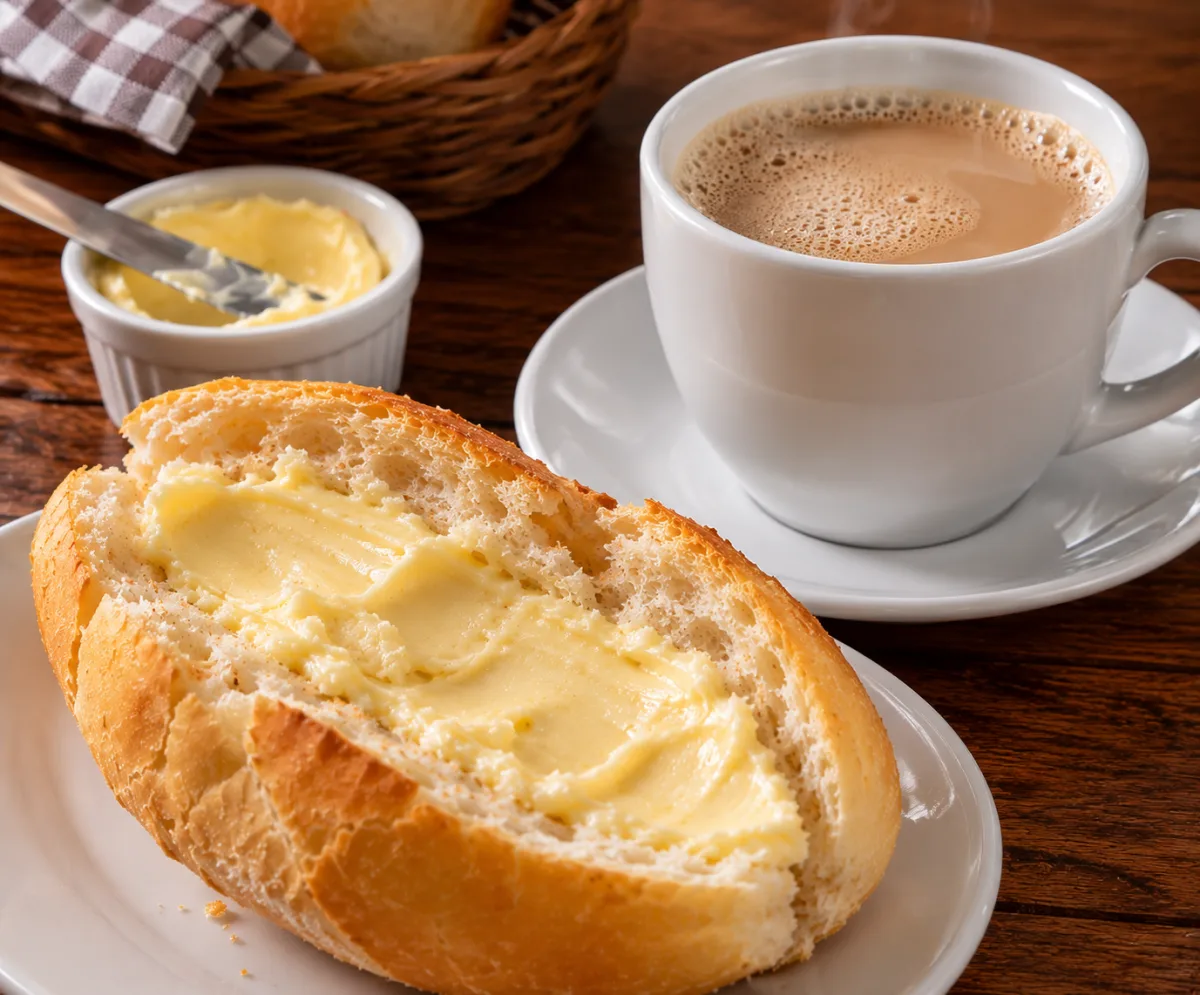 café com leite + pão com manteiga